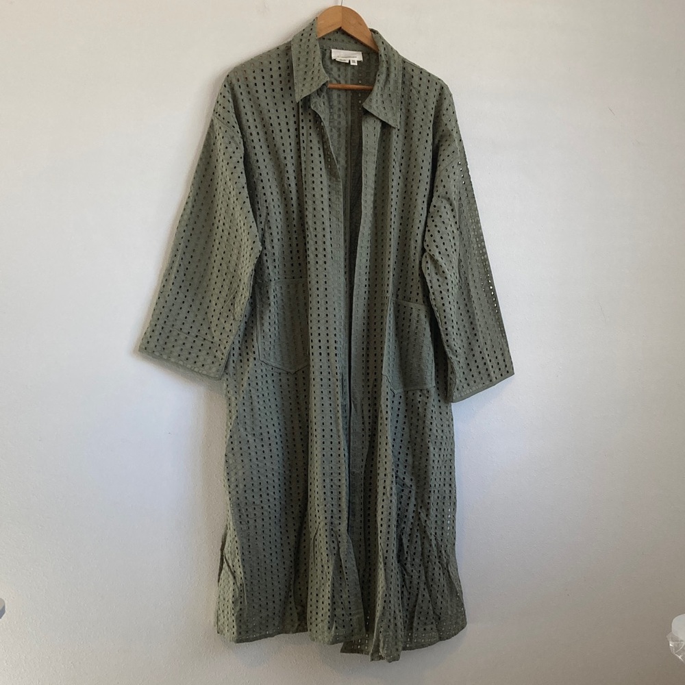 By Anthropologie Collared Eyelet Duster One Size Olive Green - Picture 2 of 8